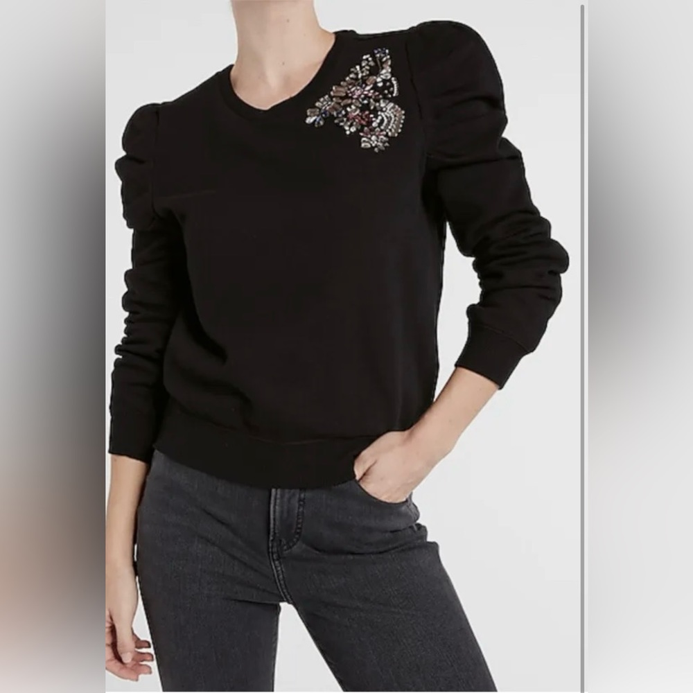 Used Express Embellished Shoulder Sweatshirt Sweater Knit Top Long Sleeve Black